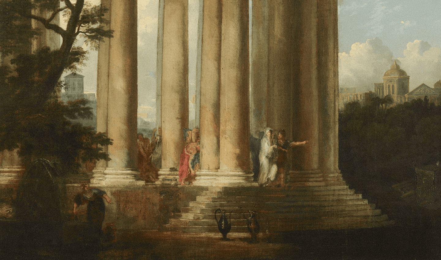 Classical architectural painting featuring monumental columns and distant city structures.