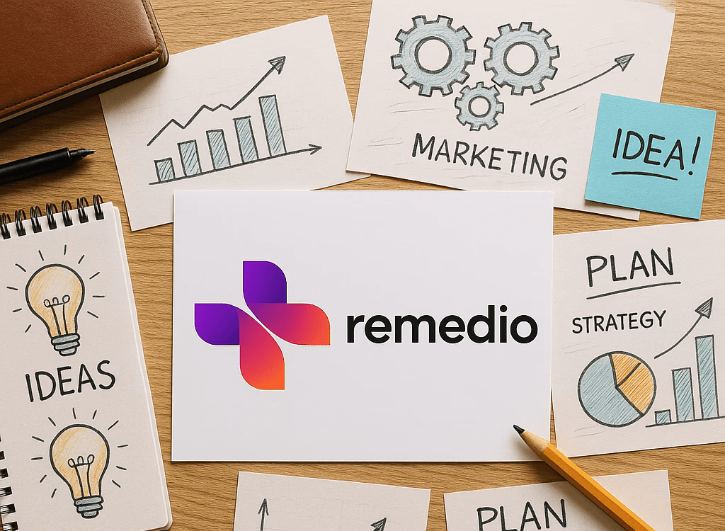 „Wizytówka z logotypem ‘remedio’ położona na biurku obok kart z rysunkami: rosnącego wykresu, kół zębatych (marketing), żarówki (ideas) i diagramu strategii.
