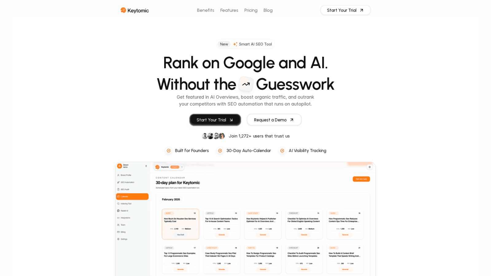 Keytomic dashboard displaying automated GEO optimization features including schema markup and internal linking