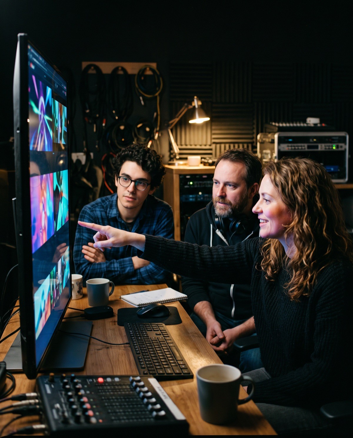 Paid ads team reviewing creative performance on a large studio monitor