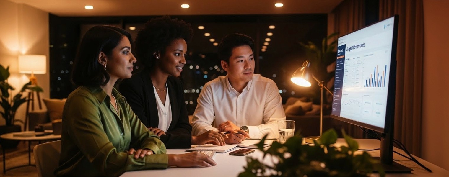 Three people working and staring at a computer monitor
