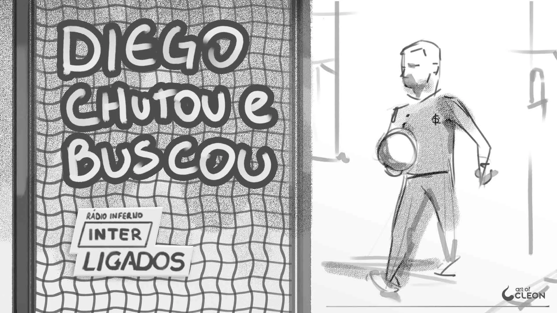 Grayscale thumbnail sketch with a large headline and the Interligados logo over mesh on the left, and a sketched figure holding a football on the right.