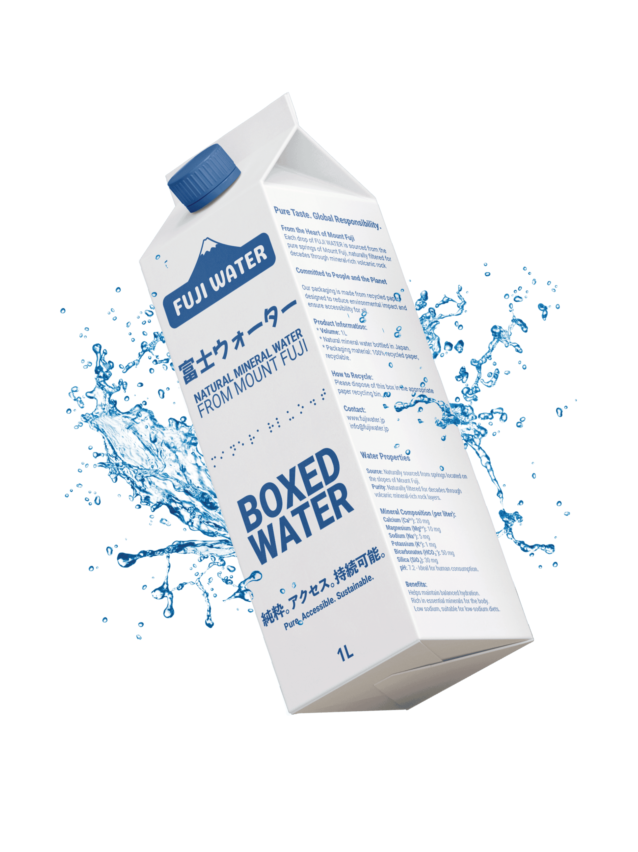 A carton of milk is tilted and splashing water around it, creating a dynamic, refreshing effect.