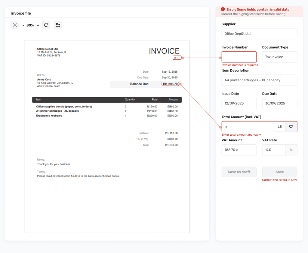 Invoice scanning error state with invalid fields