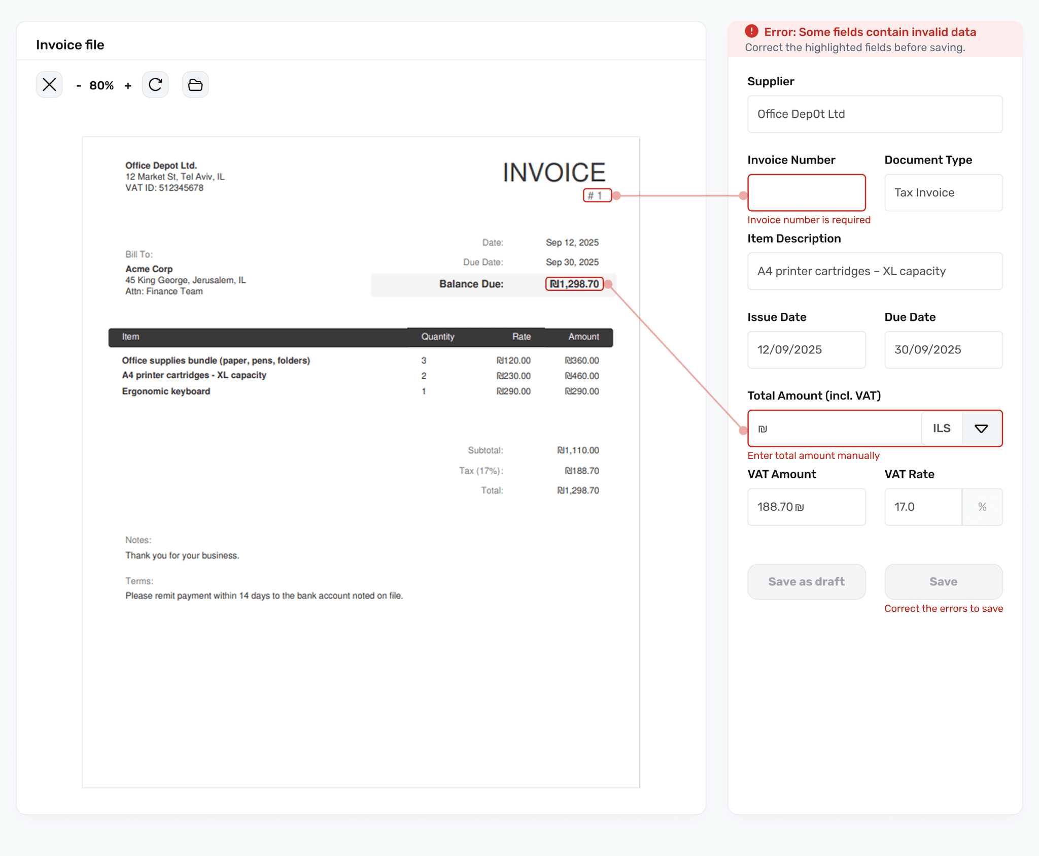 Invoice scanning error state with invalid fields