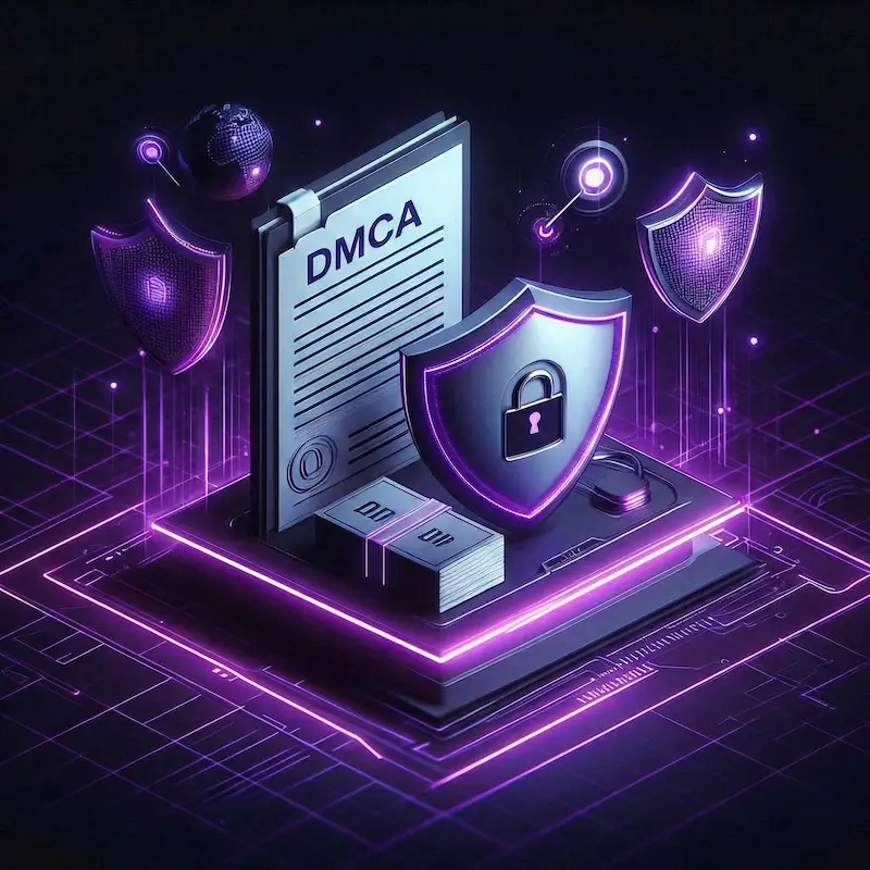 Documento legal de reclamación DMCA protegido por escudo criptográfico para eliminación de contenido robado.