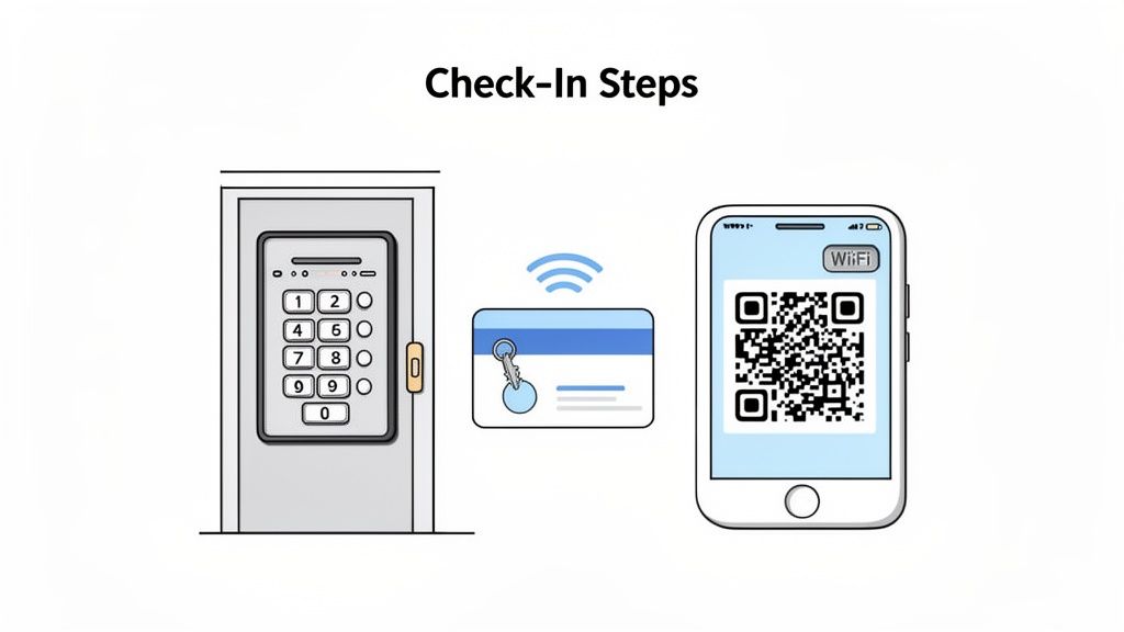 Visual representation of check-in steps, including a keypad door lock, a wireless key card, and a smartphone QR code.