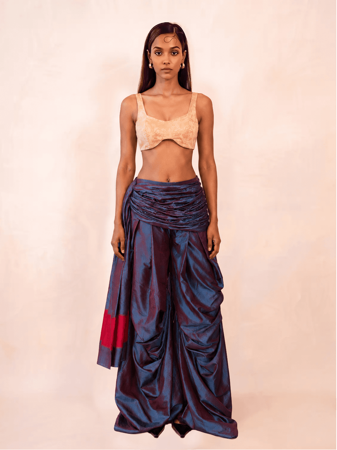 ANTARIYA XVIIII is a one of a kind drape pant, handcrafted in house from repurposed pure silk and saree borders.