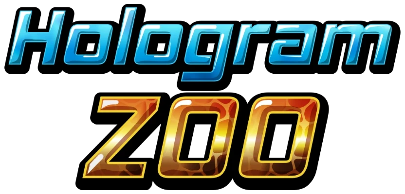 Le logo "Hologram Zoo" présente un texte stylisé : "Hologram" en bleu métallique brillant et "Zoo" en orange texturé.