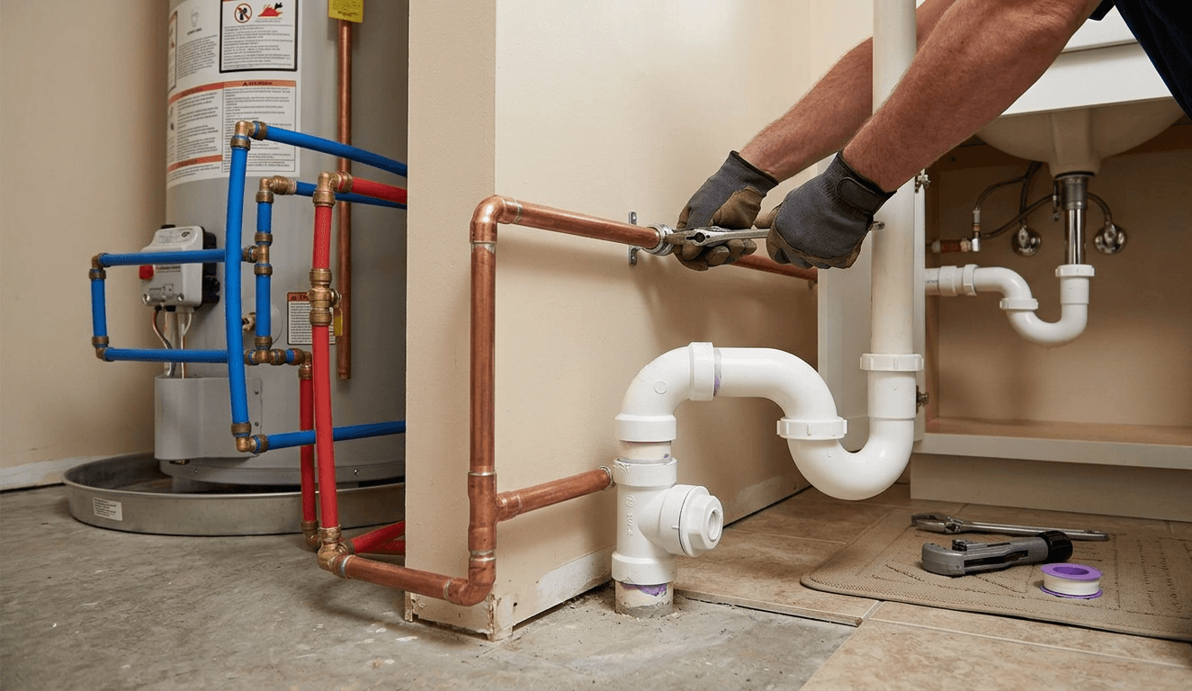 Plumber installing copper and PVC pipes under a sink