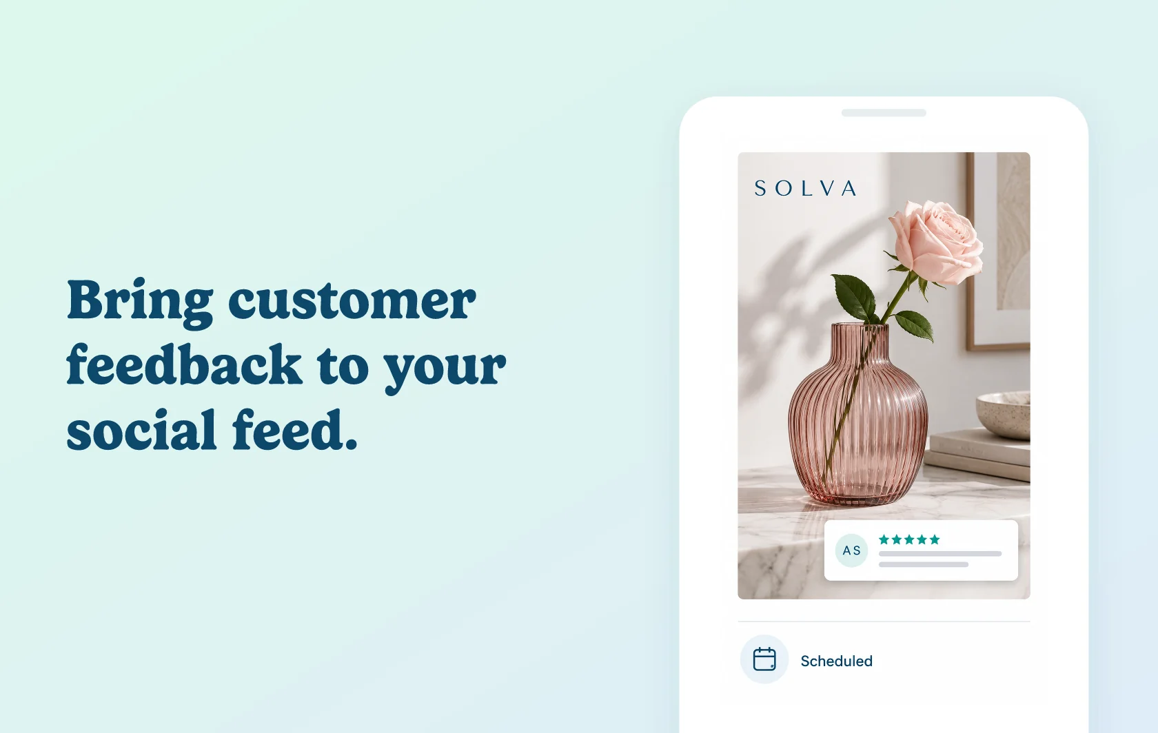 Judge.me and Outfy integration: illustration of a social post featuring a vase and a customer review, ready for scheduling.