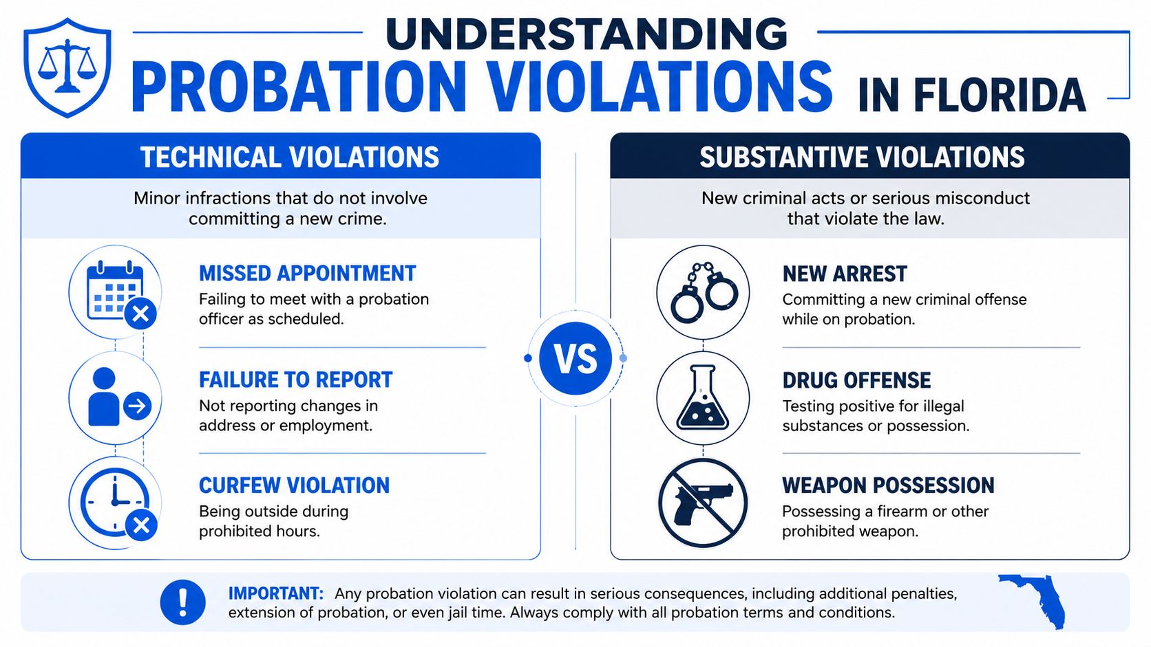 An infographic explaining the differences between technical and substantive probation violations under Florida state law.