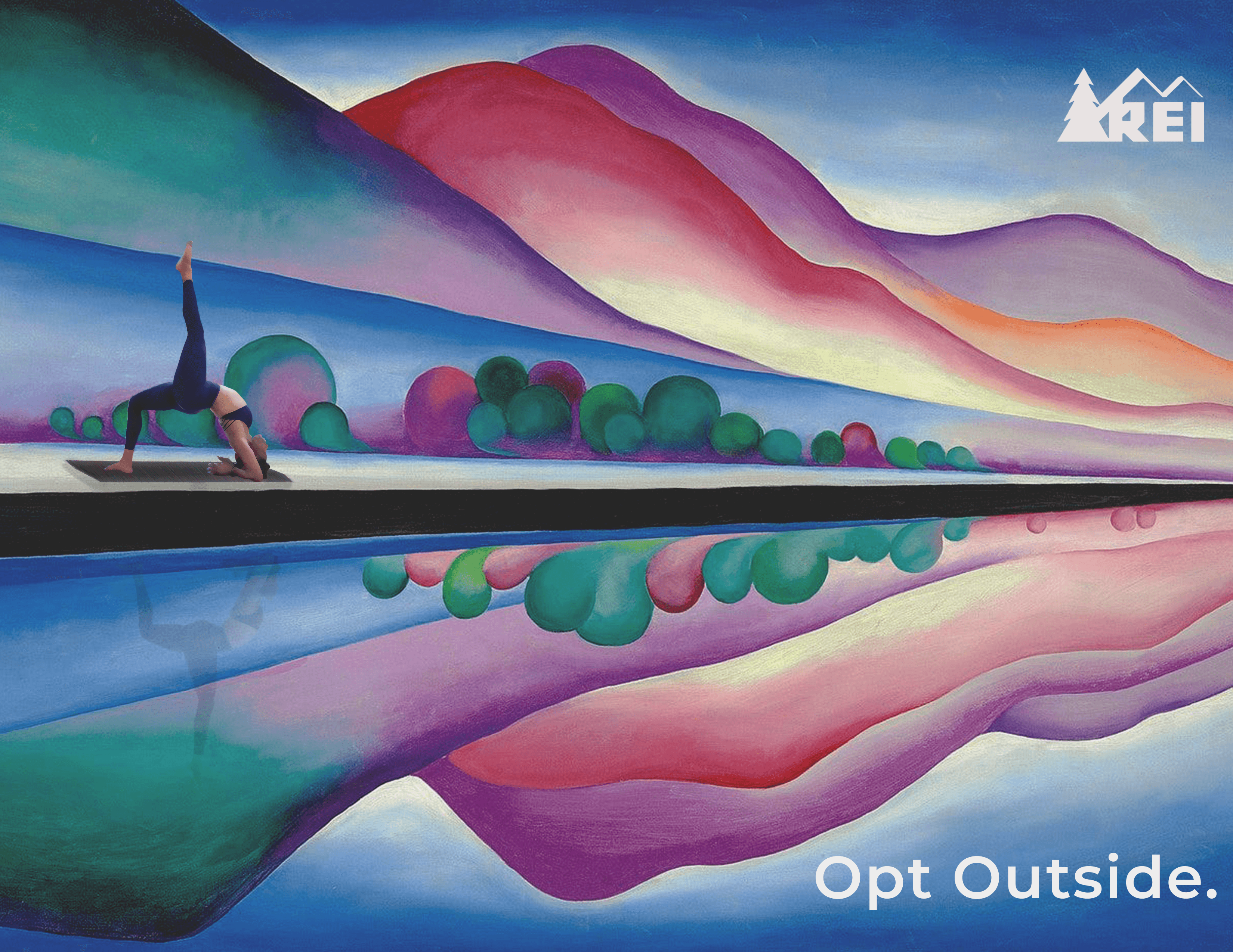 Ad 2: Features a mountainous landscape with a woman practicing yoga and the tagline “Opt Outside”