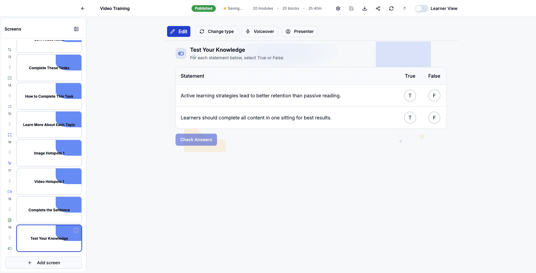 Click Add screen to add visual data presentation options.