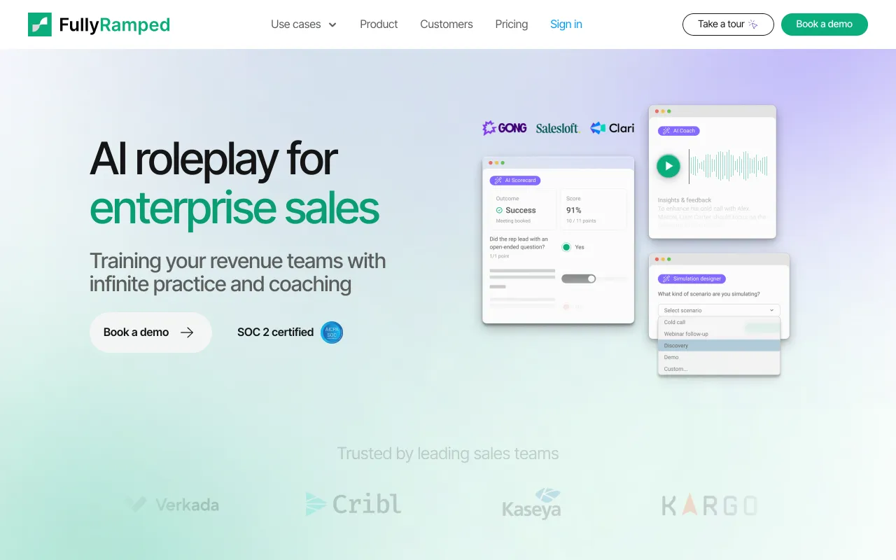 FullyRamped homepage, AI roleplay for enterprise sales with Gong and Salesloft integration