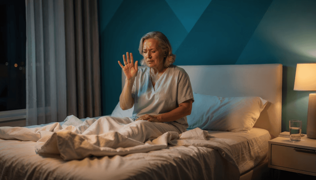 Frau entspannt im Bett mit Tee am Abend