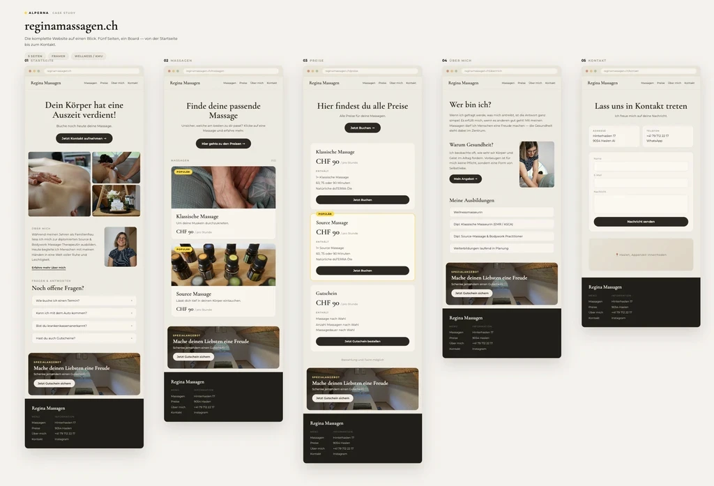 Screenshots der von Alperna erstellten Website reginamassagen.ch