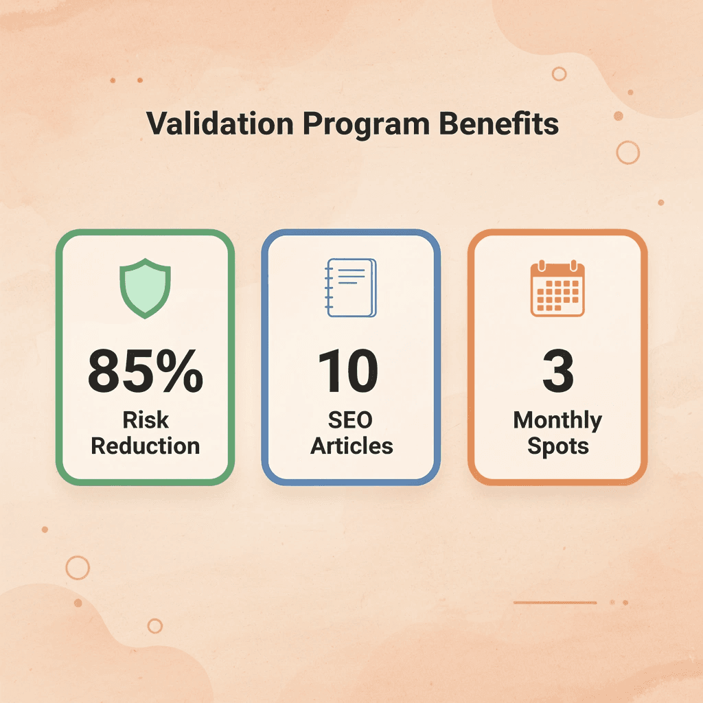 Statistics showing validation program benefits: 85% risk reduction, 10 SEO articles, 3 monthly spots