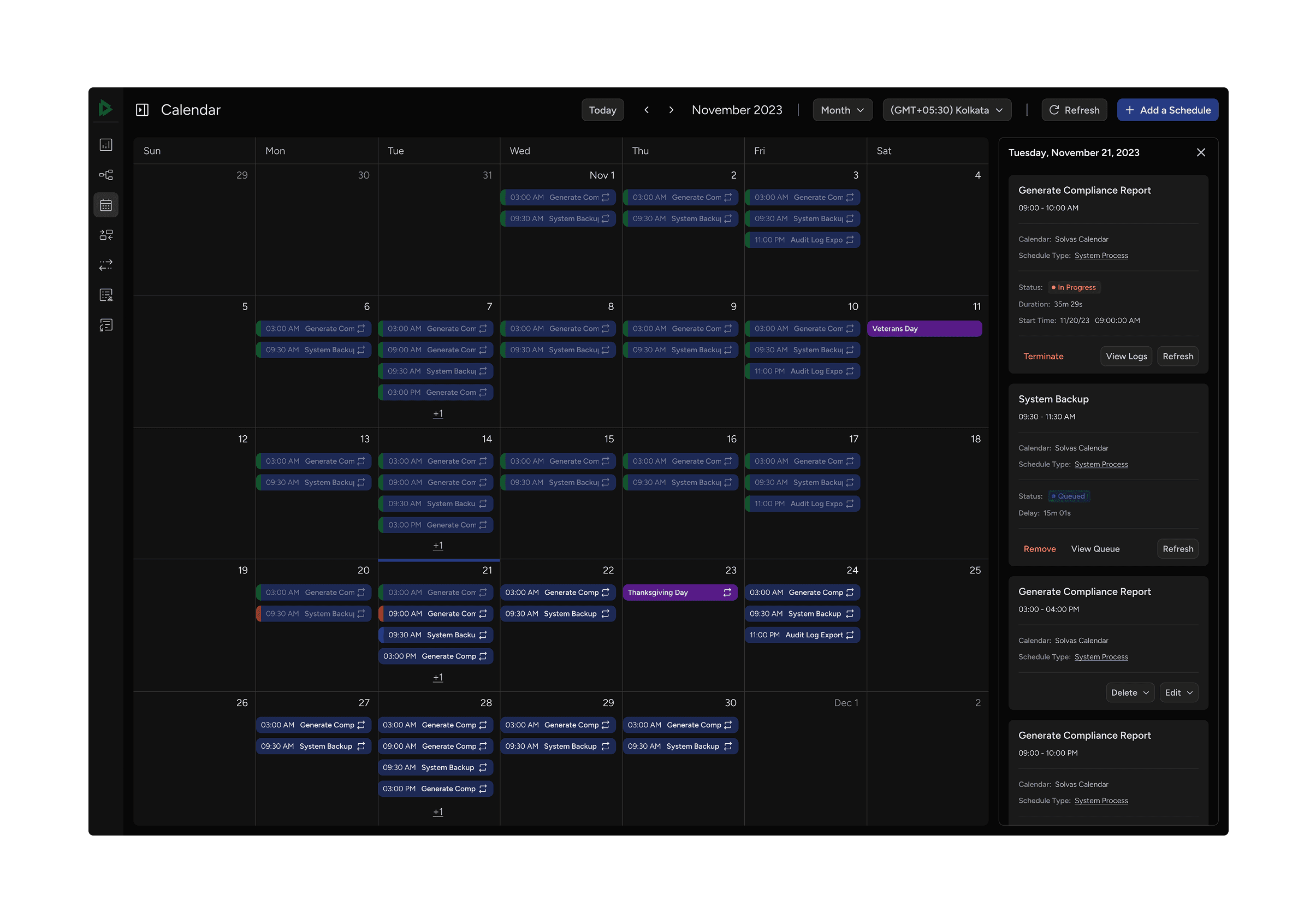 Calendar month view showing scheduled processes with statuses and a side panel displaying processes for a particular day