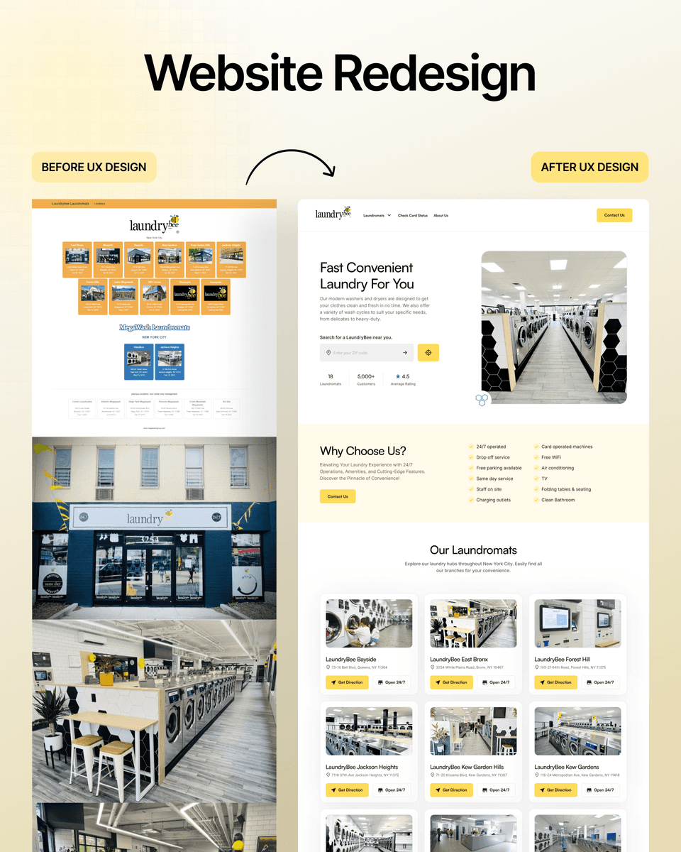 Before and after comparison of the website Laundrybee, how it looked before and after UX design.