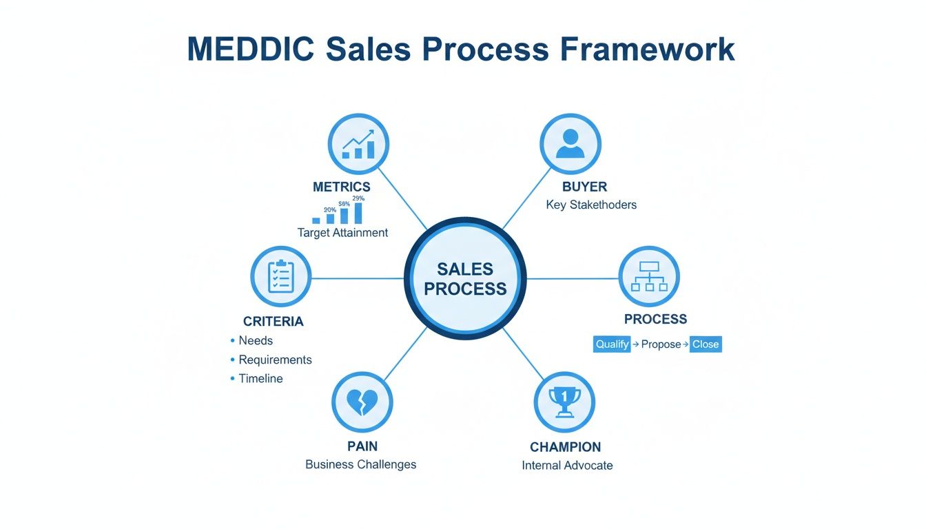 MEDDIC Sales Process Framework diagram, illustrating key components: Metrics, Buyer, Process, Champion, Pain, and Criteria.