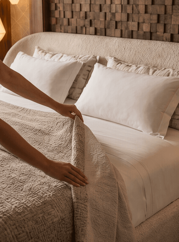 Détail linge de lit et tête de lit en mosaïque de bois, finitions chambre d'hôtel de luxe à Lausanne