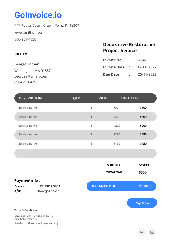 Decorative Restoration Project Invoice