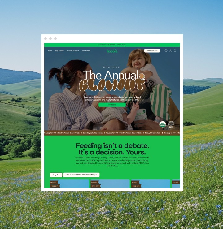 A close-up of a woman's face with dewy skin serves as the background for a floating user interface window. The UI displays a quiz builder with the heading "Take the Quiz" and buttons labeled "Duplicate," "Preview Link," and "Embed Link." A quiz question is highlighted in orange with a black checkmark, indicating selection.