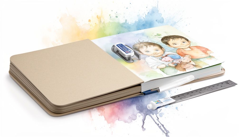 An open, blank board book with custom child illustration, surrounded by crafting tools like a label maker, pen, ruler, and glue.