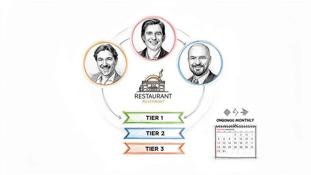 Diagram showing three partners connected to a restaurant, tiered structure, and monthly calendar for ongoing operations.