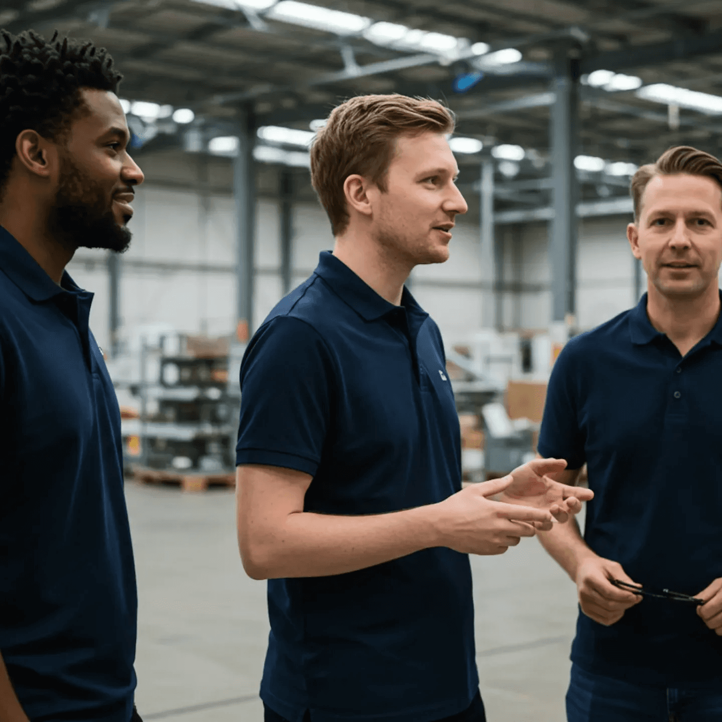 Three engineers talking in a factory
