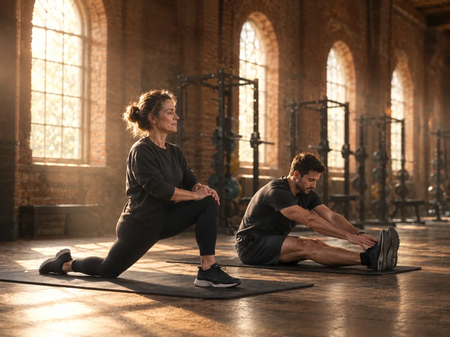 Members stretching on mats in a mobility session