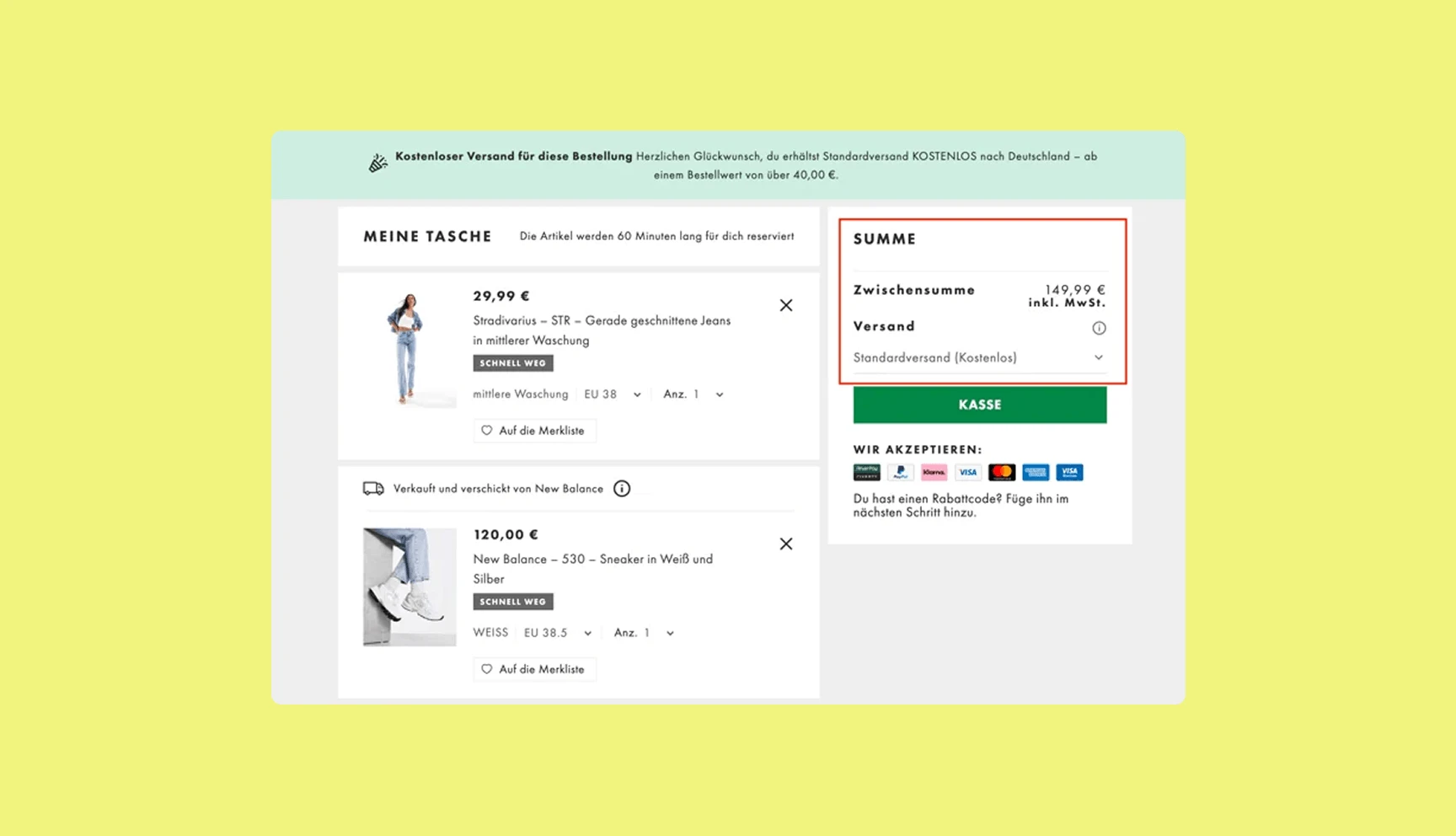Warenkorbansicht inkl. Preiskalkulation von asos.com