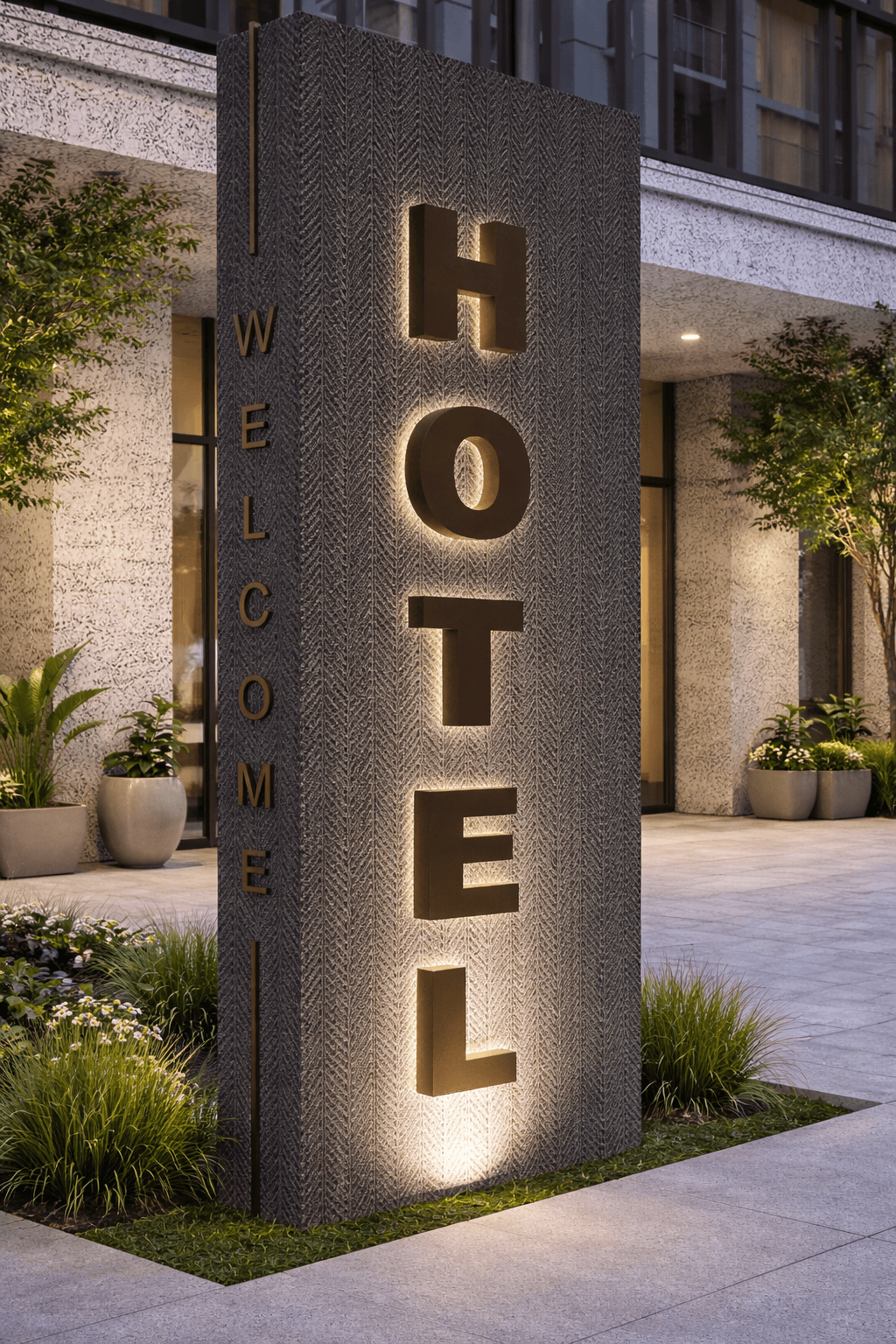 extured stone cladding used in modern commercial building signage and entrance design