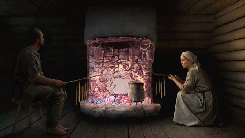 Sacred artwork by Faith and Verse. © Faith and Verse, 2025. All rights reserved. Rural Silesian family dipping beeswax candles over the hearth, late medieval Europe.