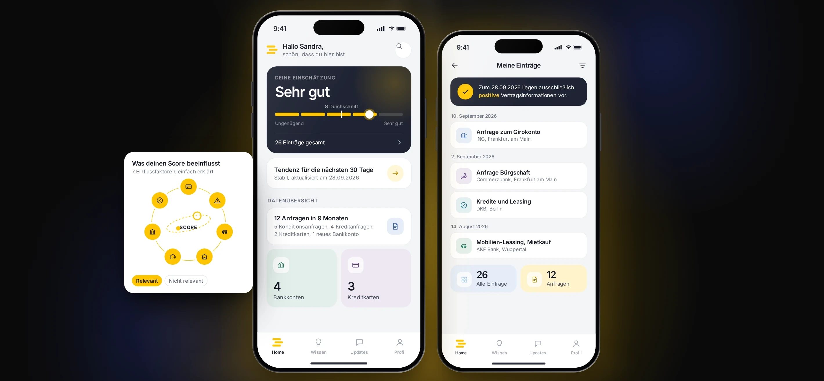 Illustrative interface: SCHUFA consumer app with the score rating, the list of entries and the factors that affect the score