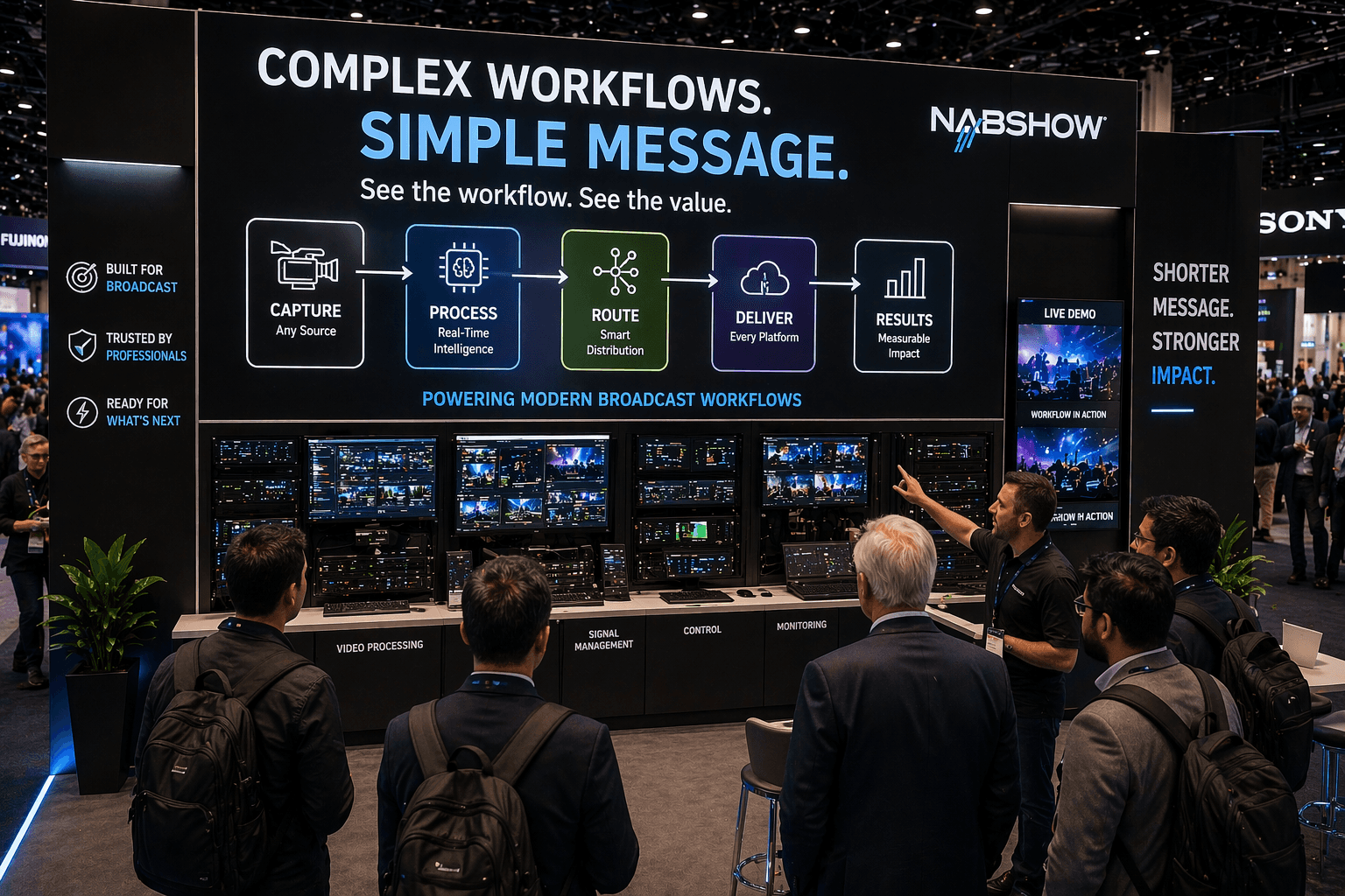 NAB booth with simplified workflow messaging, clear broadcast graphic hierarchy, and technical demo hardware presented in an easy-to-read layout
