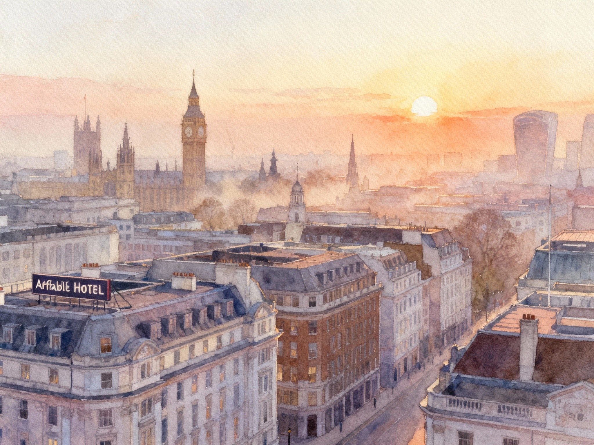 A fine-art illustration in a format depicting a panoramic rooftop view of central London at dawn