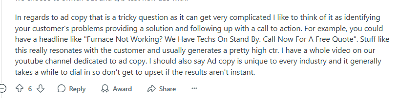 Reddit comment explaining how to write effective ad copy using problem-solving and strong calls to action.