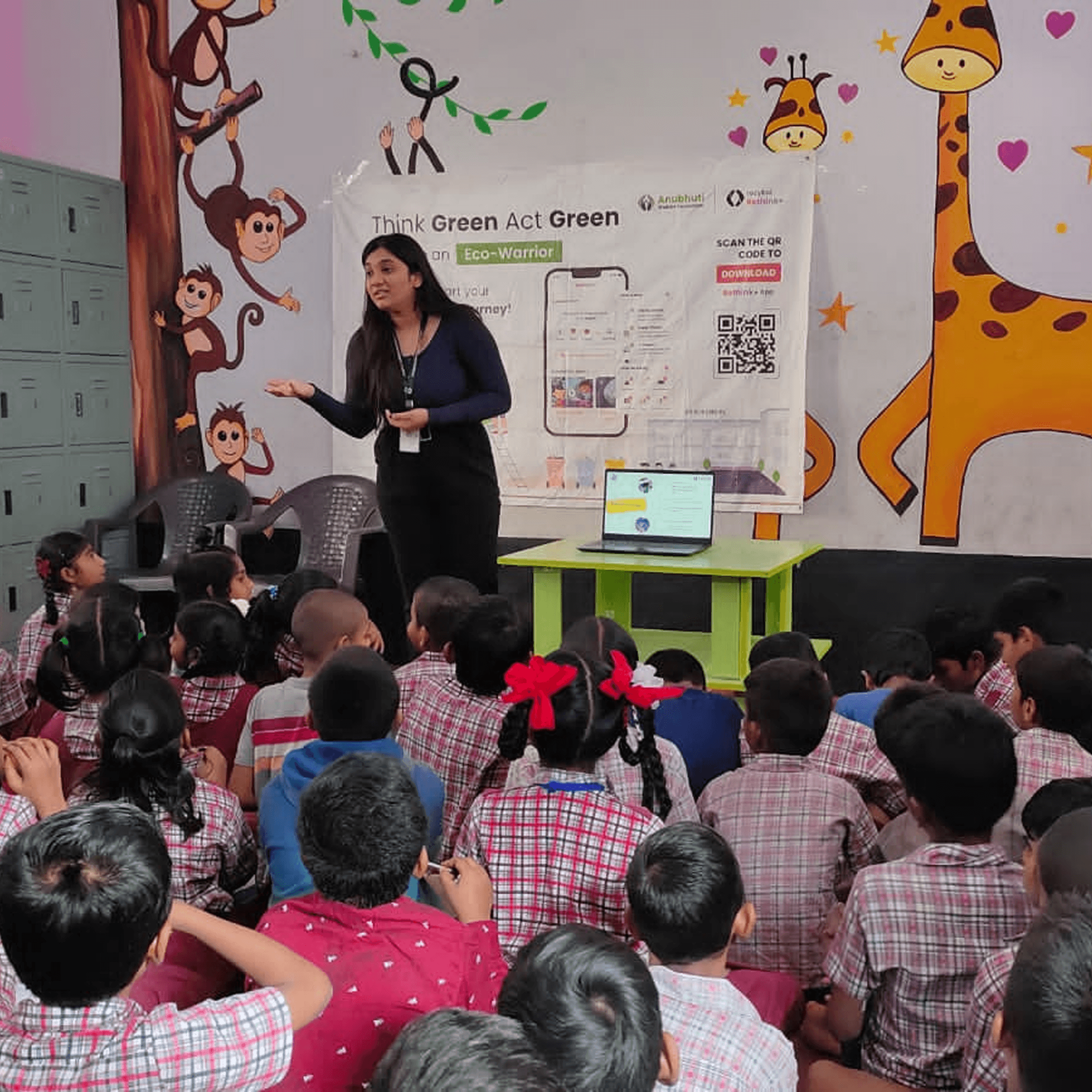 Woman in red outfit poses by a red telephone booth.