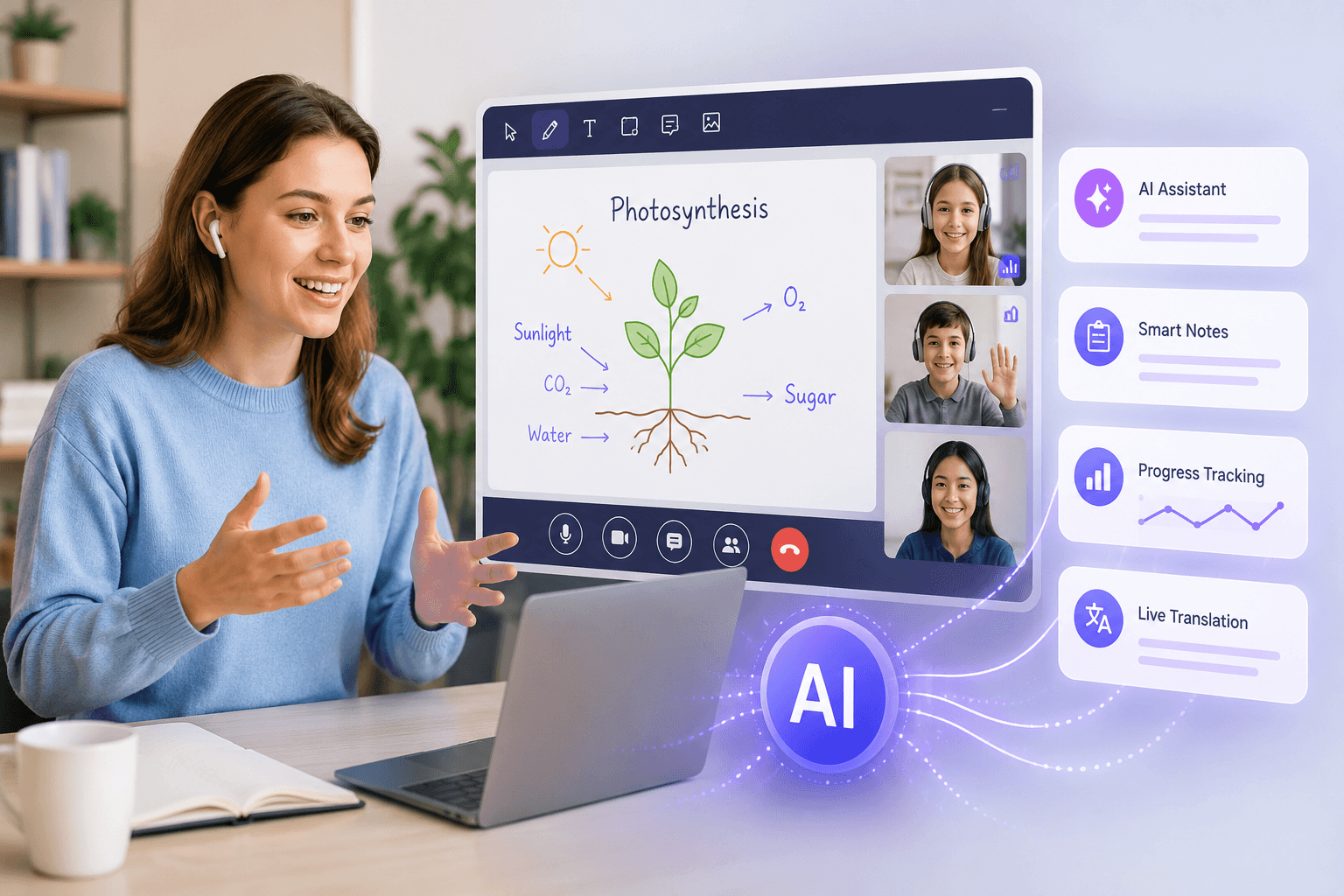 Teacher using an AI-powered virtual classroom with smart notes, progress tracking, and lesson tools