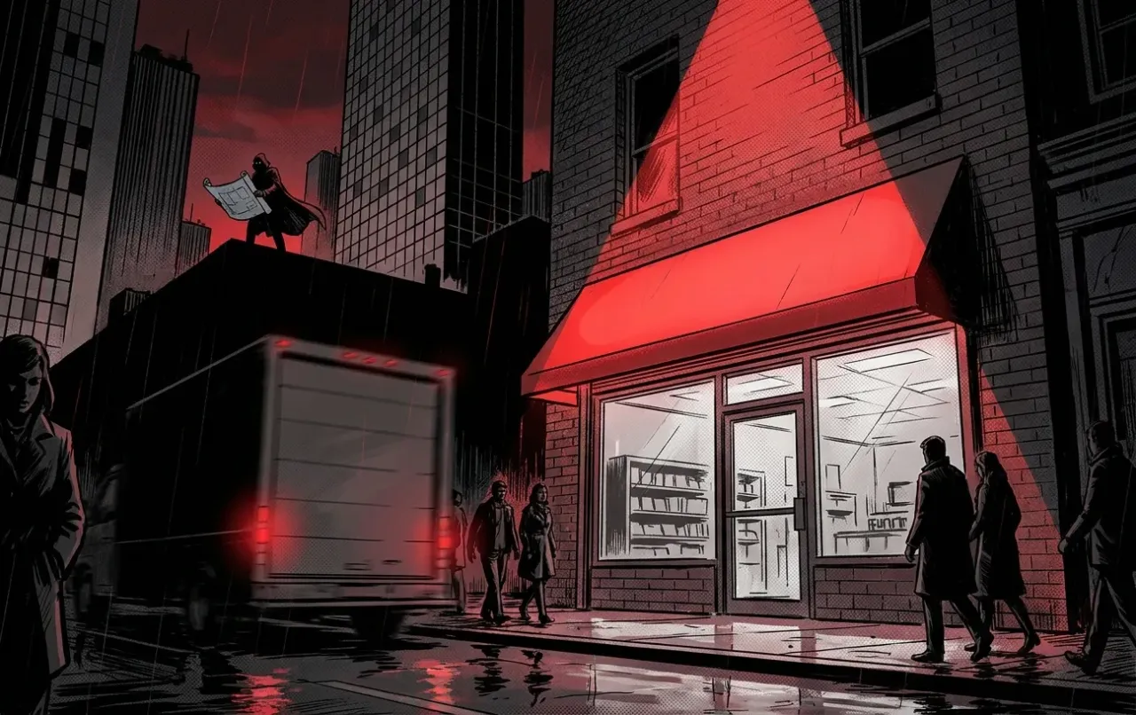 Urban night scene with red awning, figures, and truck. RockN' Socials Digital Marketing Agency.
