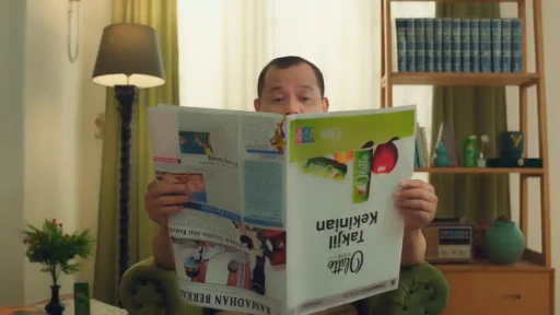 Man reading newspaper in warm indoor setting in cinematic lifestyle commercial for Olatte, produced by Visual Producer Indonesia