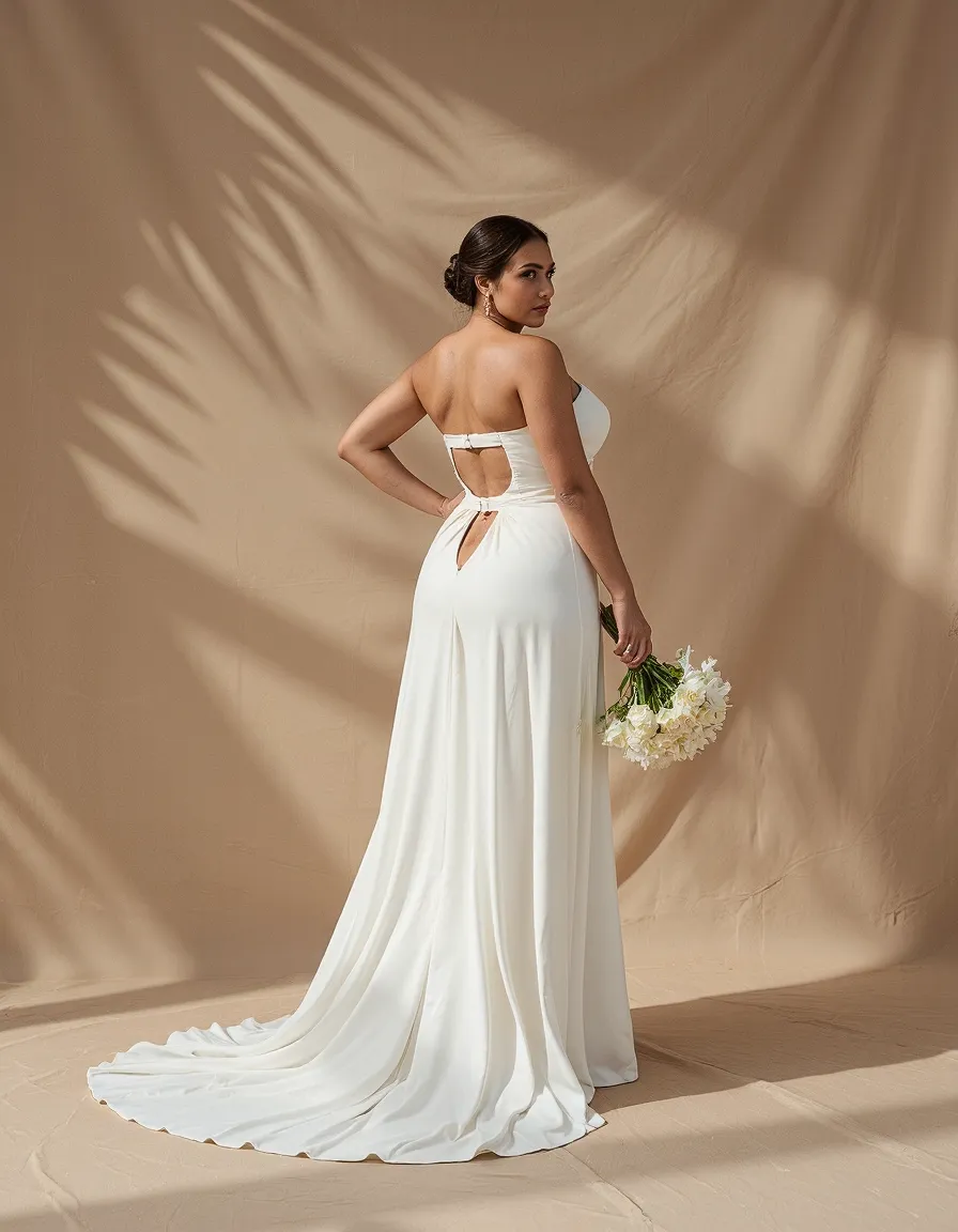 Elegant bridal portrait showing the back of a white wedding gown with cutout details, against a neutral backdrop with palm shadows.