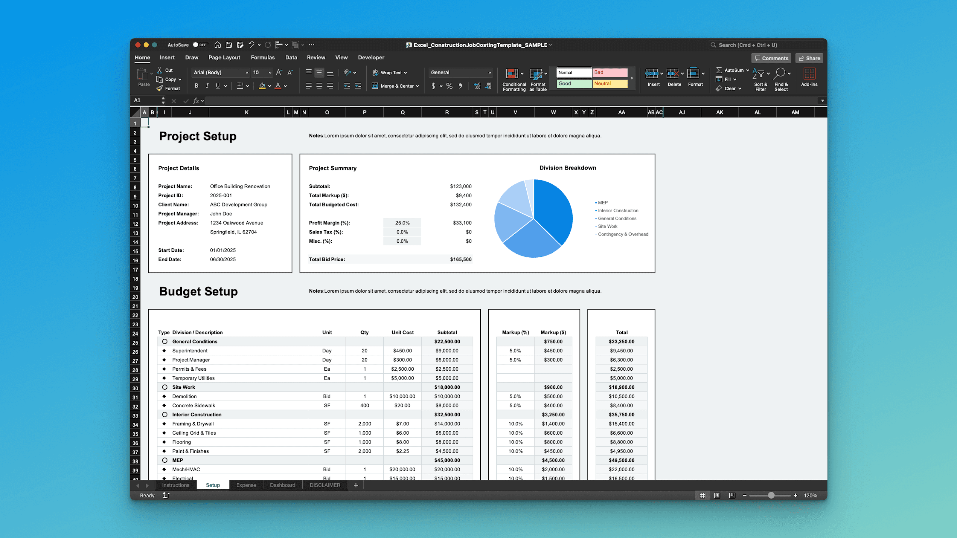 Excel job costing setup view – project details, division breakdown pie chart, budget setup table for general conditions, site work, interior construction, and MEP