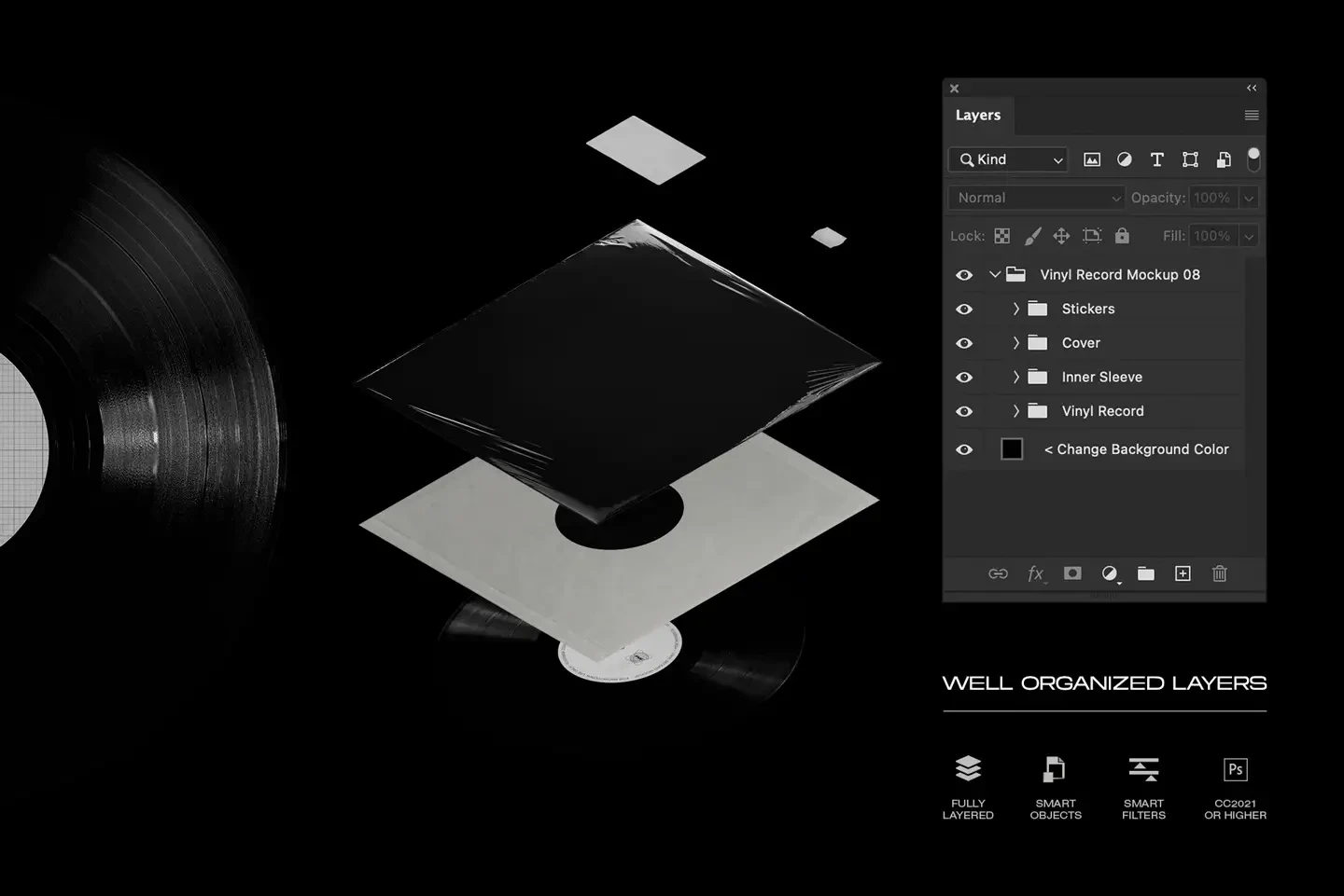 Vinyl record mockup Photoshop template with smart objects and organized layers