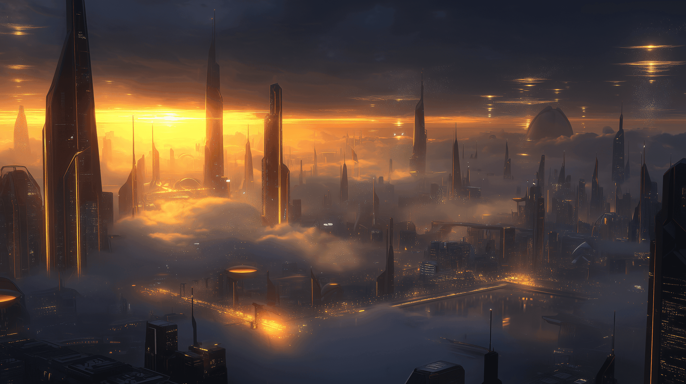 A stunning fantasy landscape features towering cliffs with ancient structures, illuminated by a warm sunset glow.