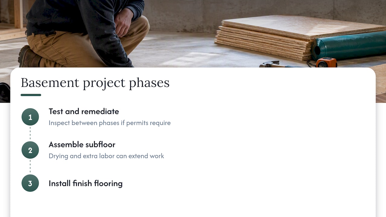 Basement subfloor project phases from testing to flooring