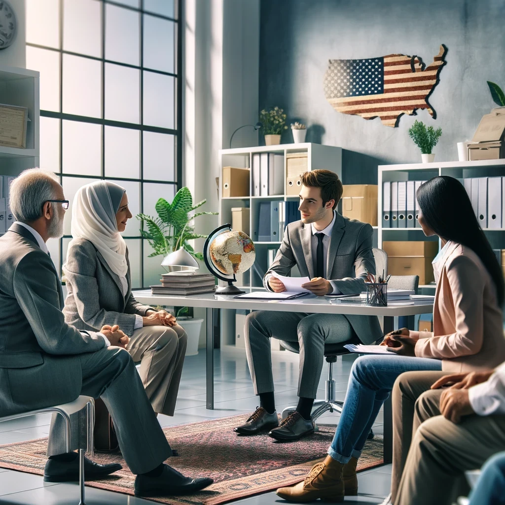 A diverse group of individuals receiving assistance in a modern immigration services office, discussing documents and immigration processes.