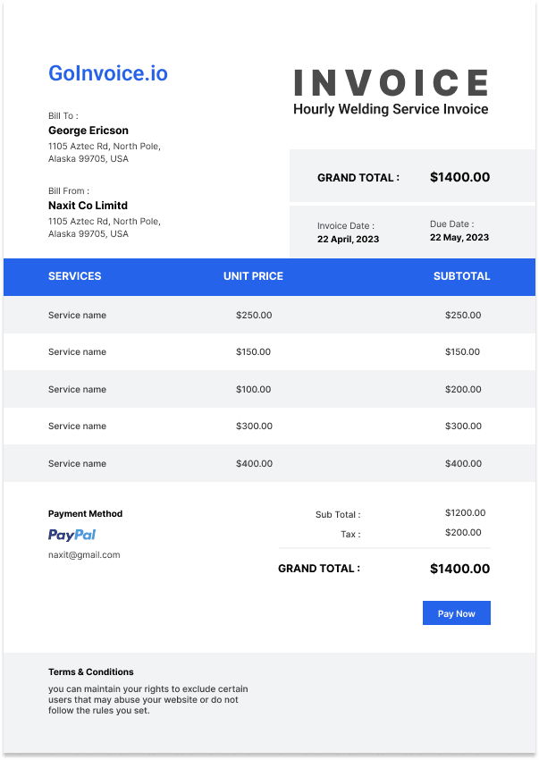 Hourly Welding Service Invoice